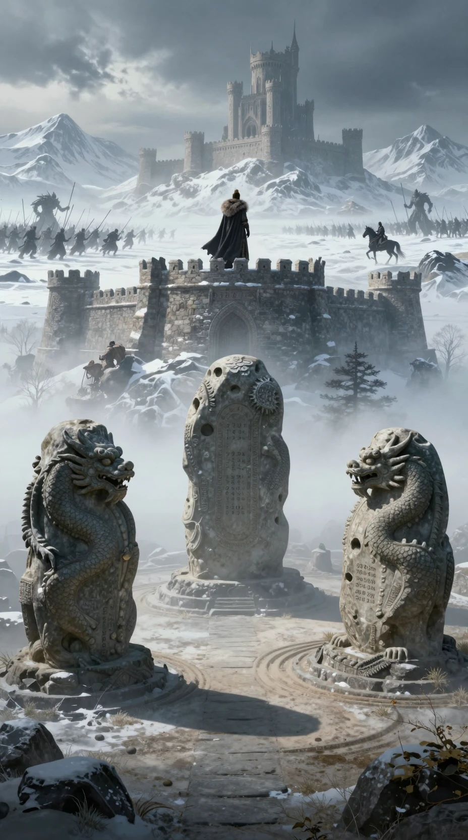 Fortaleza de Pedra Medieval Sobre Montanhas Nevadas e Tundra