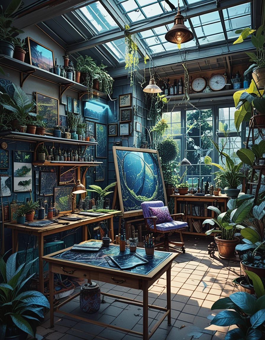Atelier loft d’artiste sombre dans un solarium aéré à structure en A