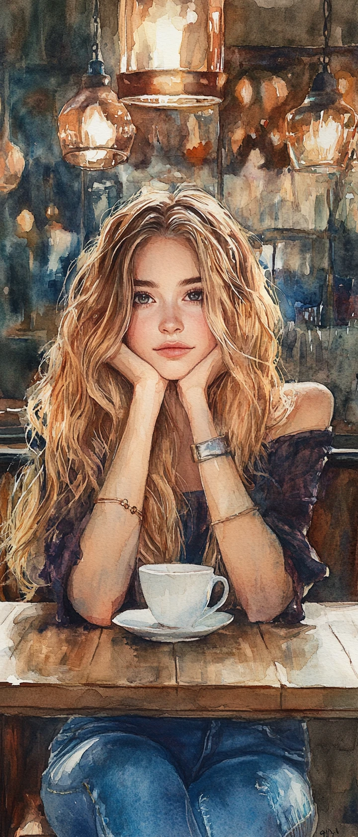 Melancholic blonde girl in a cafe watercolor portrait
