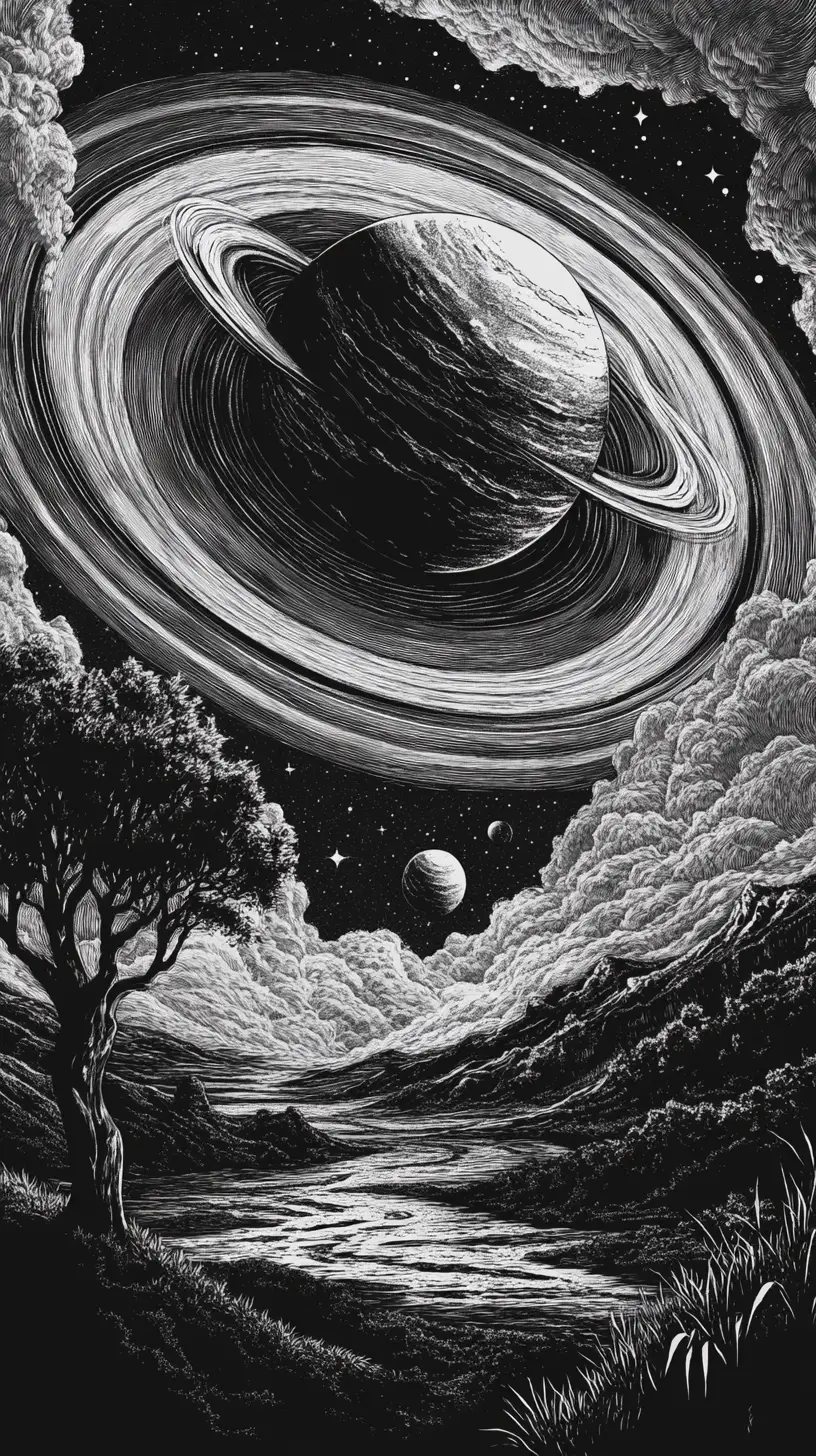 超現實木刻風格的環形星球景觀