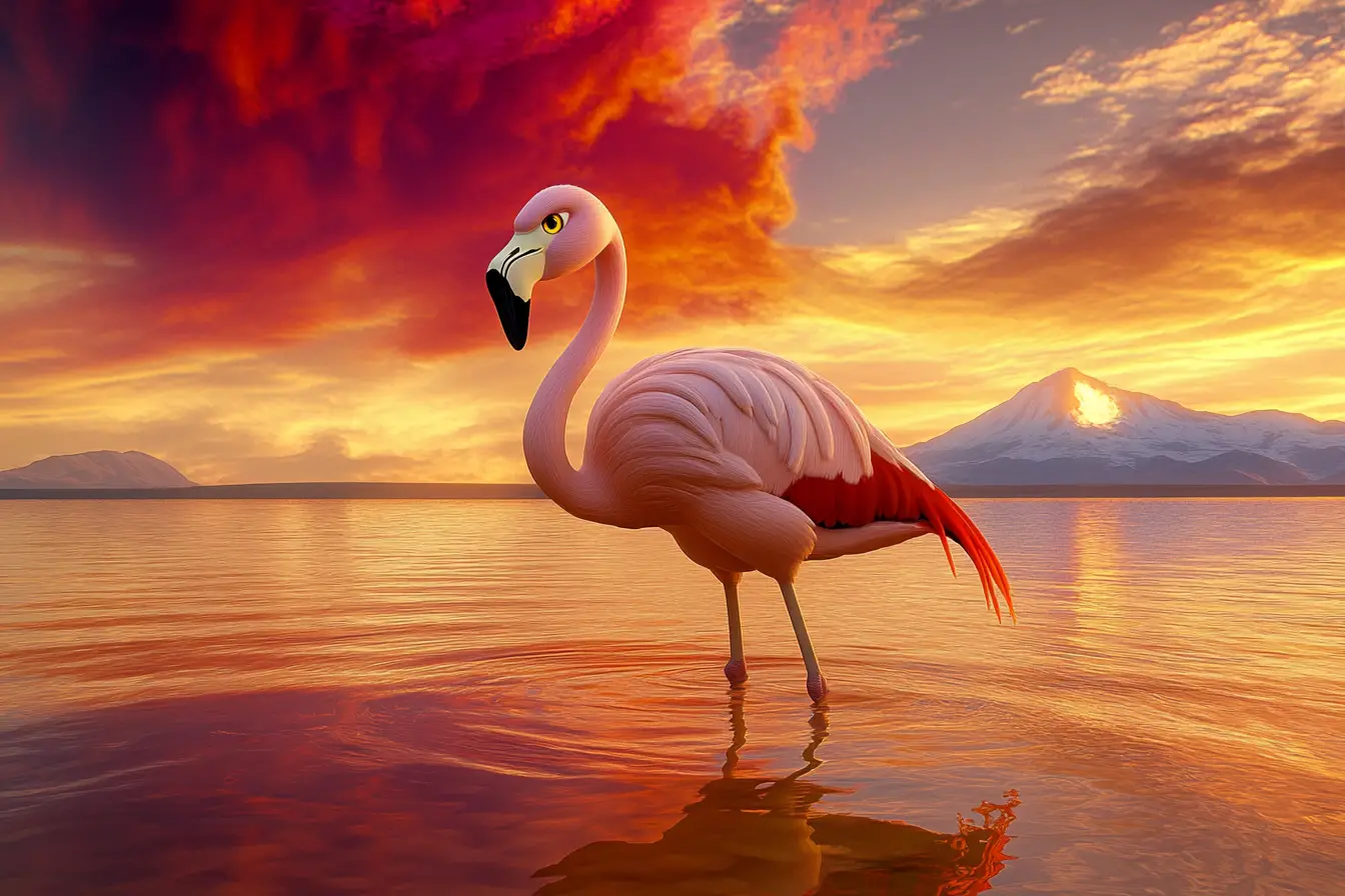 Flamingo im spiegelnden Andensee bei lebendigem Sonnenuntergang