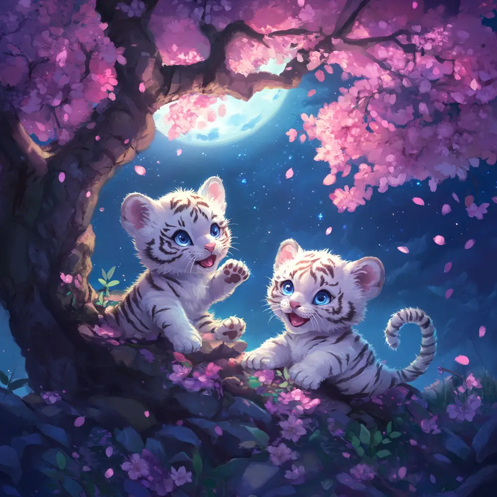 Cuccioli di tigre bianca chibi che giocano sotto una luna di fiori di ciliegio