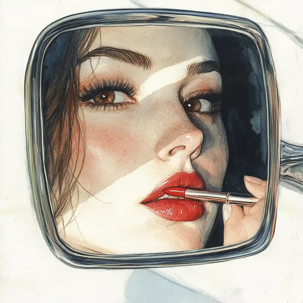 Donna che si mette il rossetto riflessa nello specchietto dell’auto