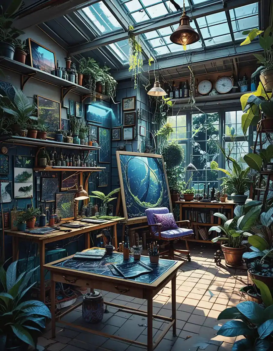Atelier loft d’artiste sombre dans un solarium aéré à structure en A