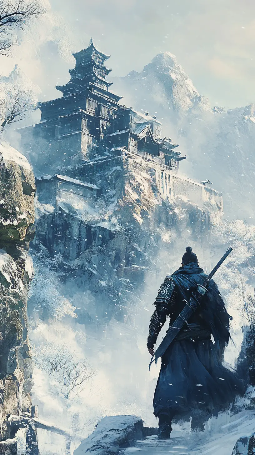 Forteresse médiévale en pierre au‑dessus de montagnes enneigées et de la toundra