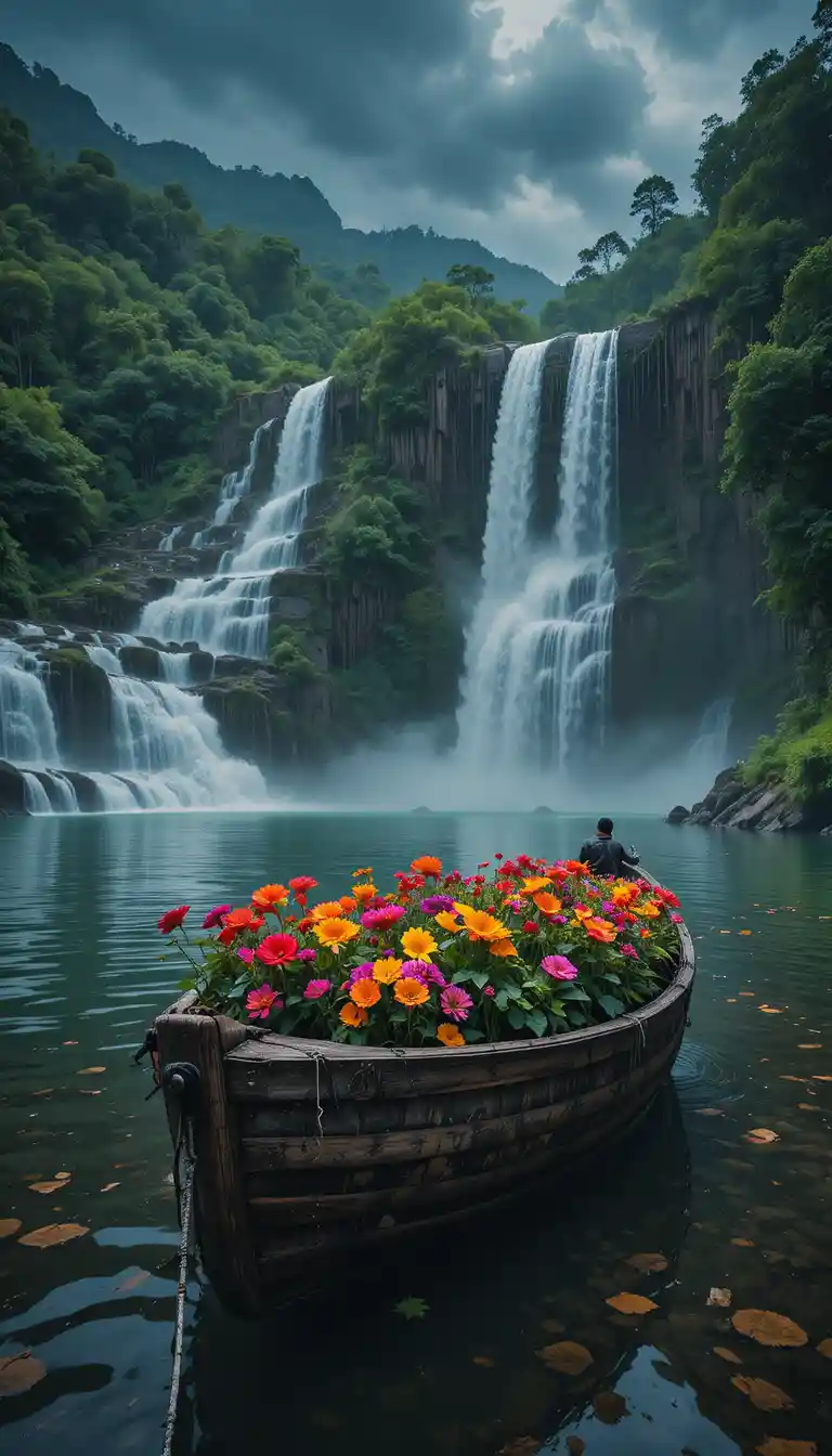 Viejo bote de remos lleno de flores sobre agua calma y reflectante