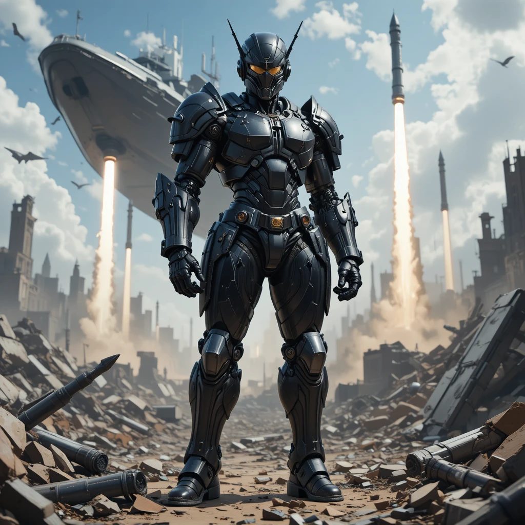 Soldado de anime em armadura preta em campo de batalha arruinado
