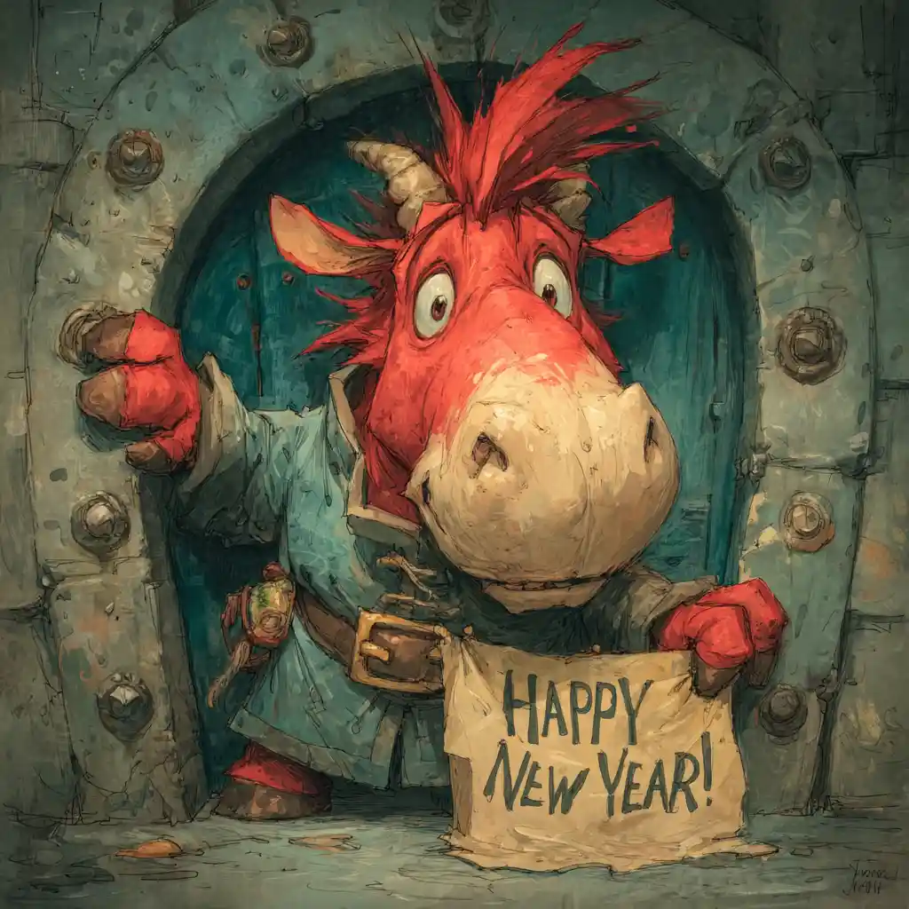 Joyful red horse holding happy new year banner