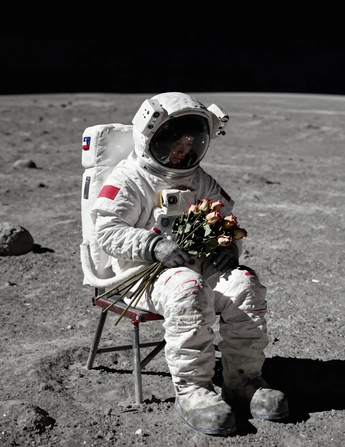 しおれたバラを抱く月面のメランコリックな宇宙飛行士