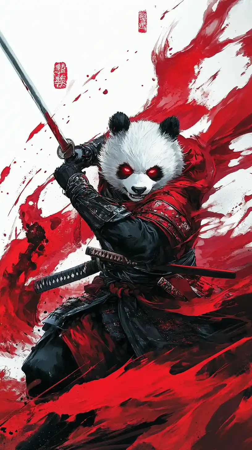 在紅色煙霧中拔出武士刀的兇猛熊貓武士