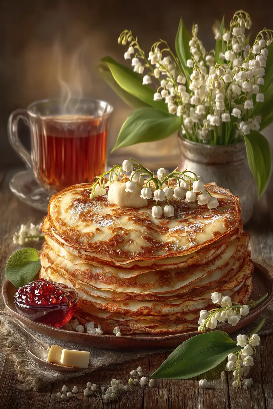 Pile rustique de crêpes avec confiture au thé et tartinades du petit-déjeuner