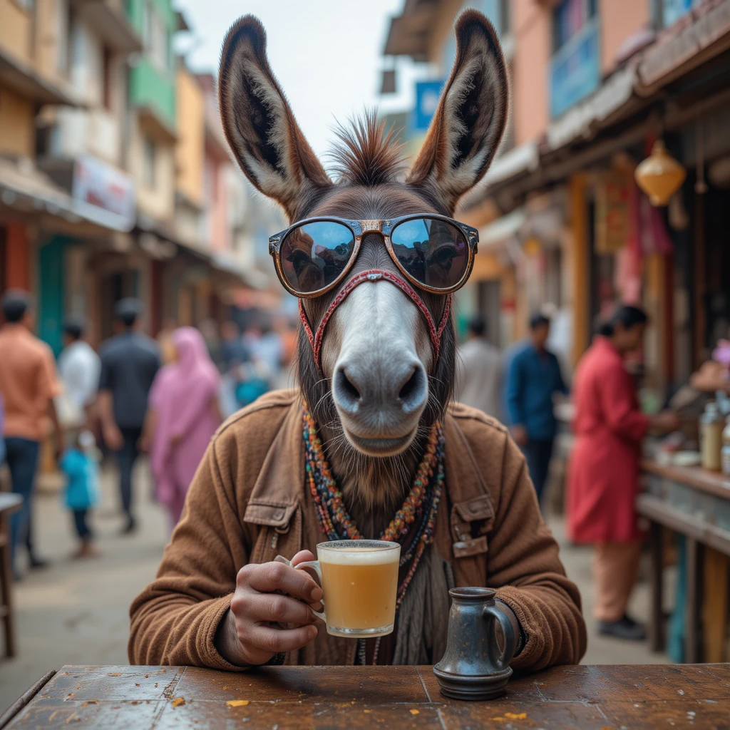 Schockierter Esel mit Sonnenbrille trinkt Chai am Straßenstand
