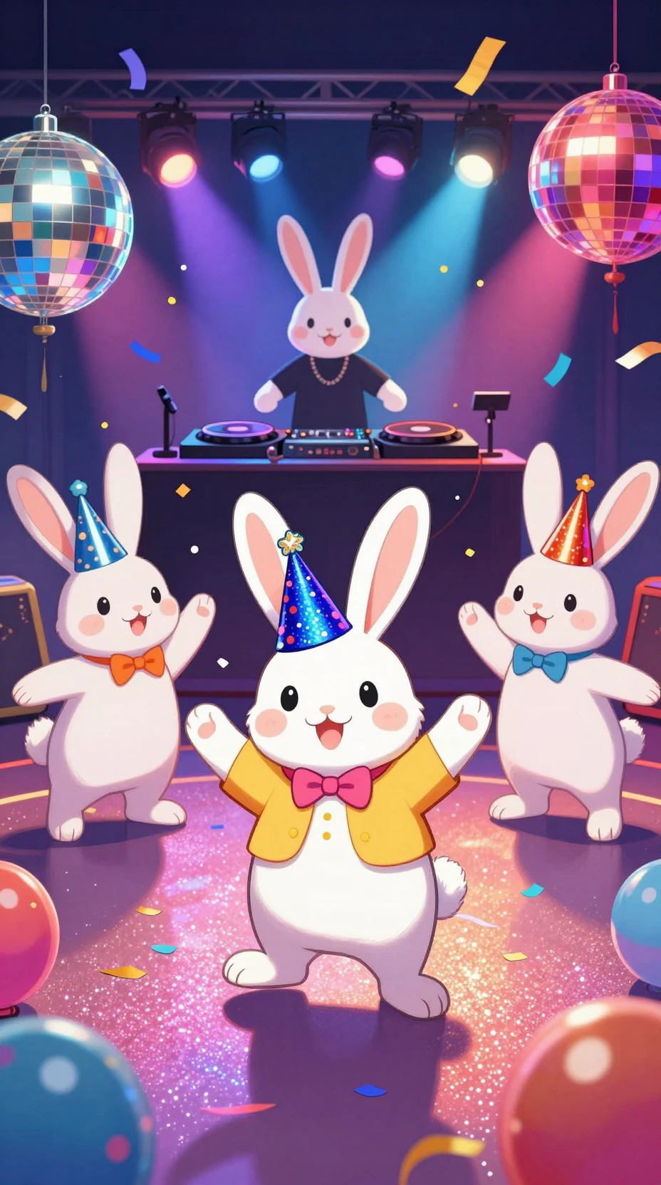 Coelhos festivos dançando em uma pista de festa disco brilhante