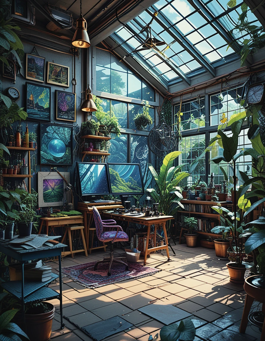 Vue de dessus de l’intérieur d’un loft d’artiste lumineux
