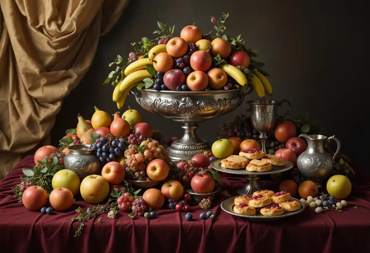 Natura morta opulenta con coppa d’argento, frutta e dolci