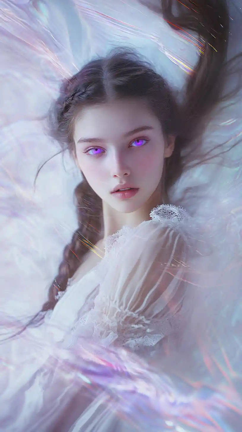 Young girl in long gown with curious purple gaze