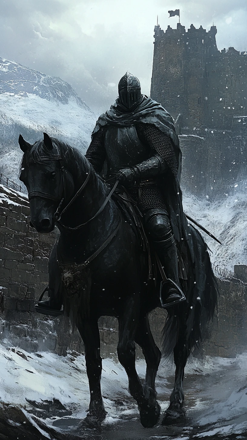 Cavaliere oscuro corazzato tra le montagne della fortezza medievale