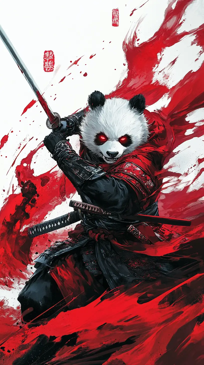 在紅色煙霧中拔出武士刀的兇猛熊貓武士