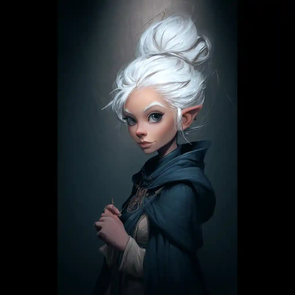 Dark gnome cleric woman in indigo arcane robes