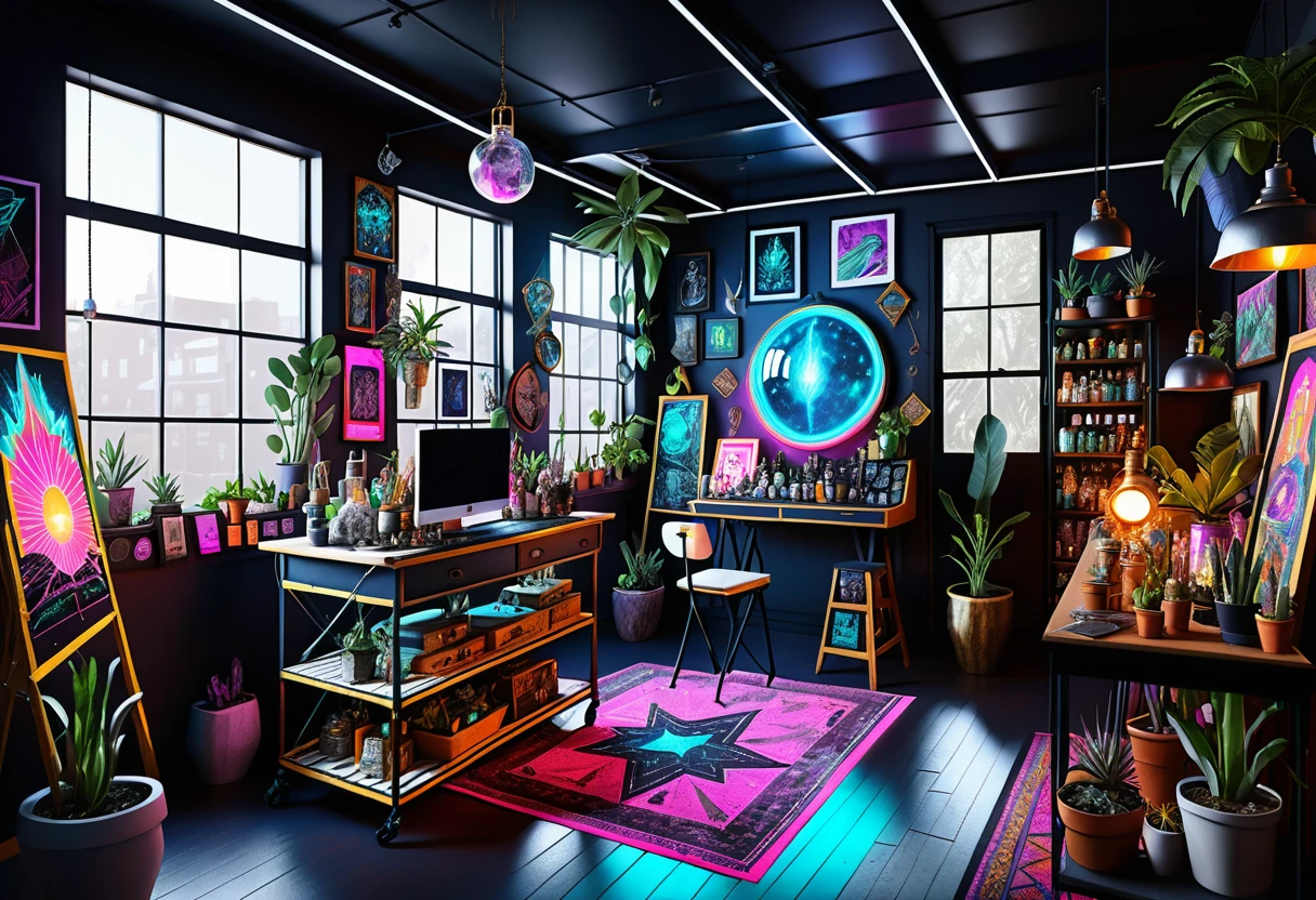 Vue de dessus d’un intérieur de studio d’art en loft lumineux