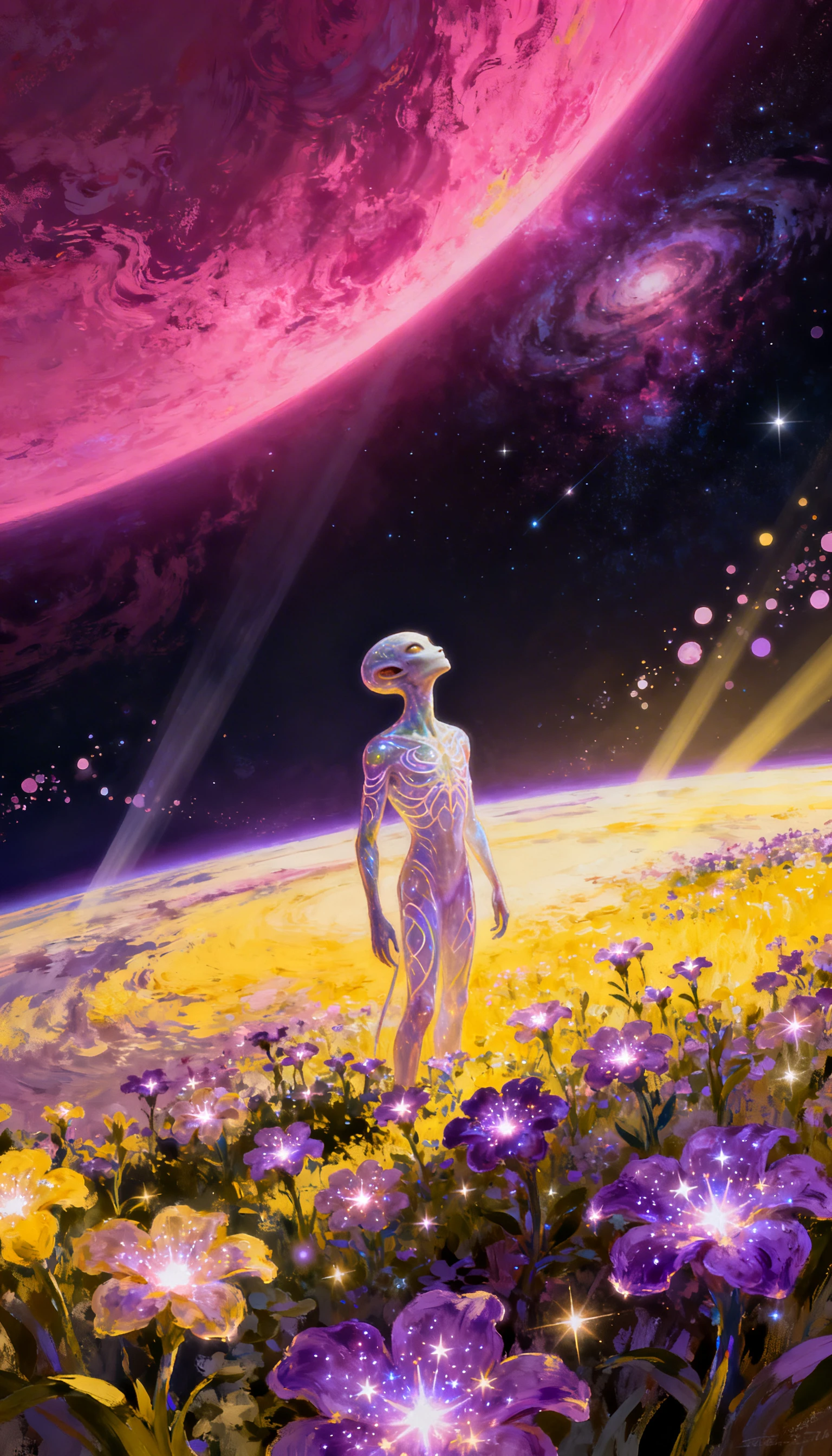 Alienígena contempla um jardim celestial luminoso em um mundo distante