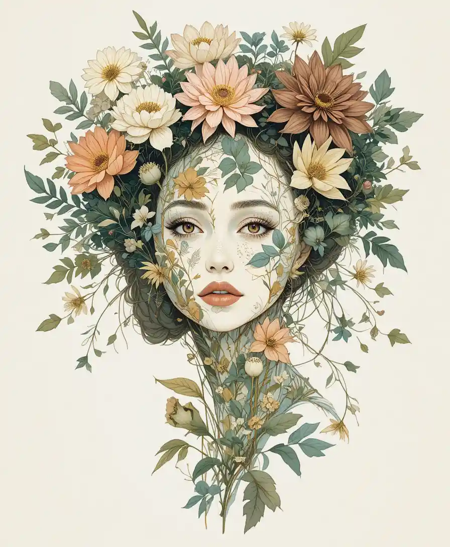 精巧な植物画アートに縁取られた美しい女性
