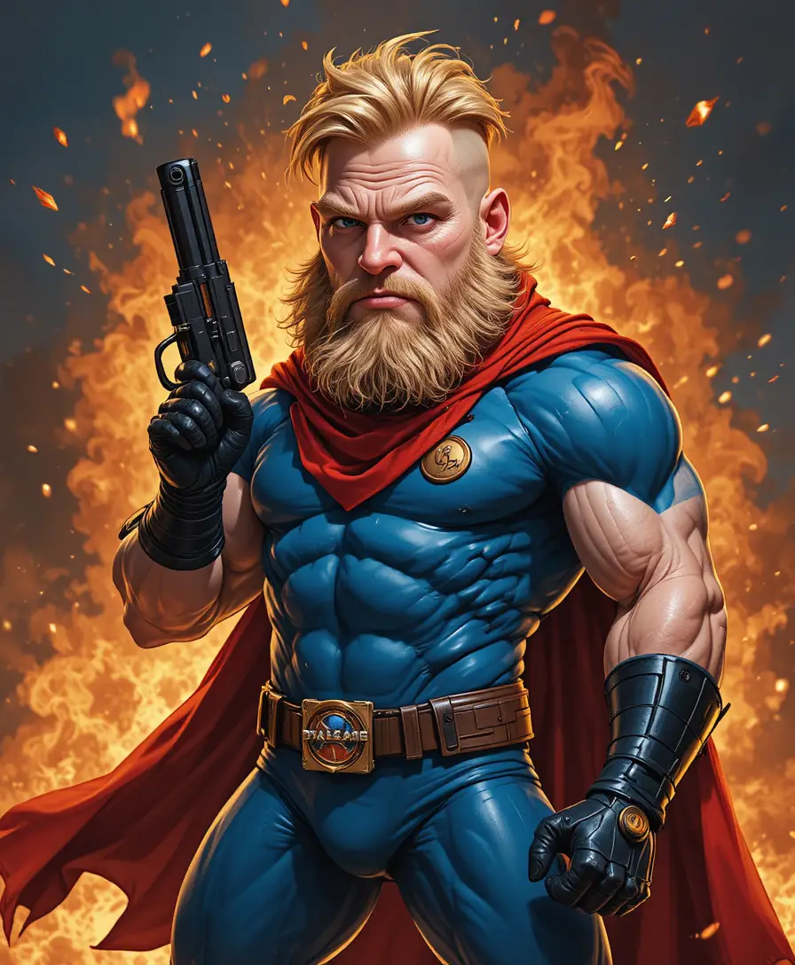 Super-herói careca de terno azul mirando arma contra céu em chamas