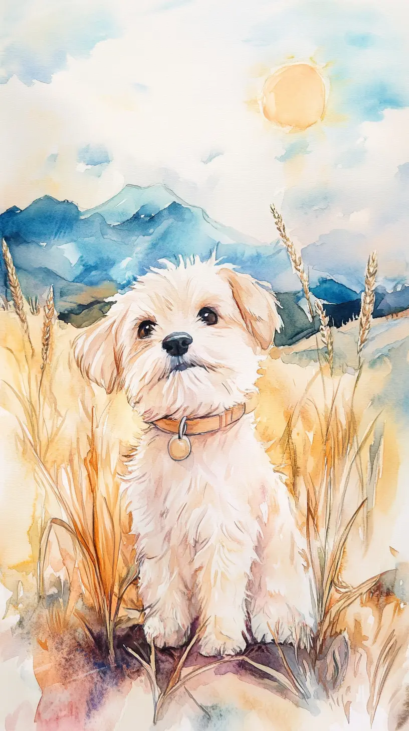 Chiot tout doux dans un champ de maïs ensoleillé en aquarelle