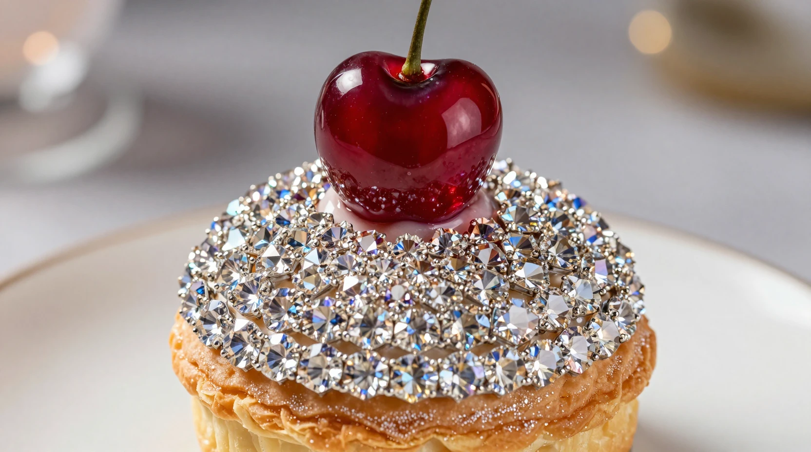 Sobremesa luxuosa de pedras preciosas com massa de diamante e cereja rubi