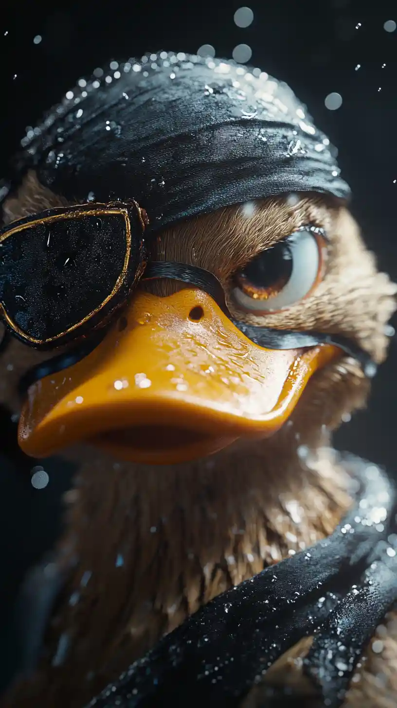 Patinho pirata de perto com tapa-olho e bandana