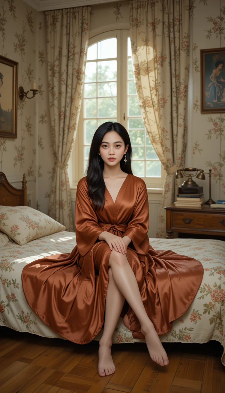 Young woman on vintage bed in warm cozy bedroom