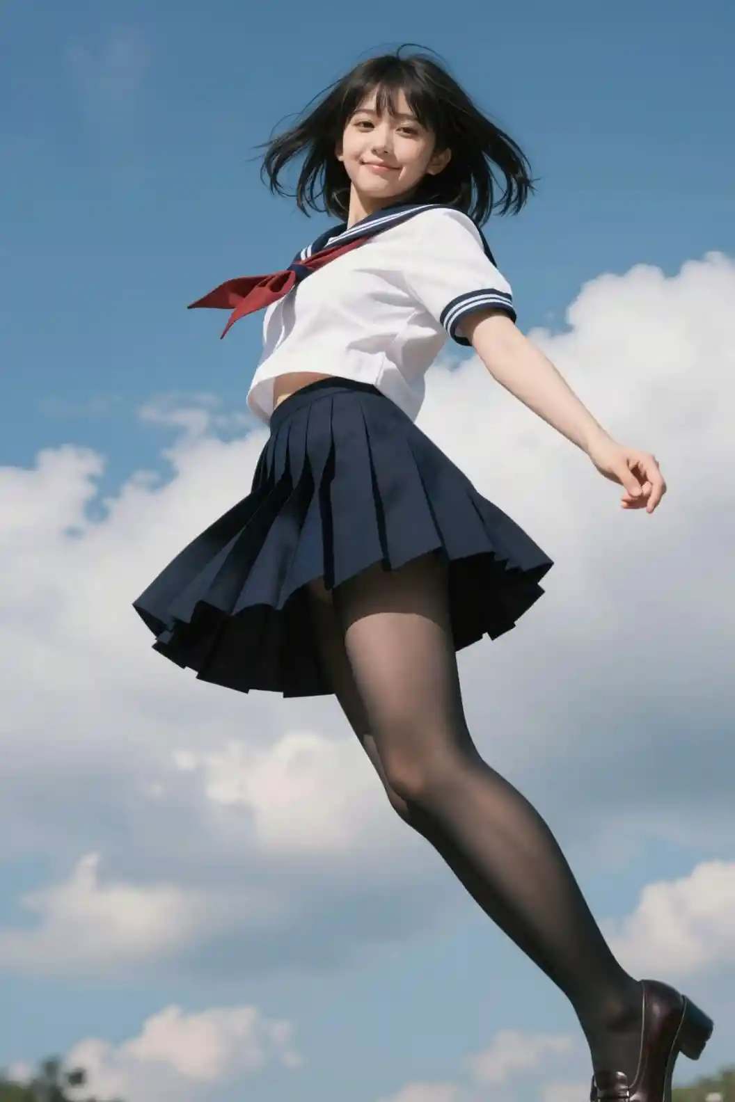 Anime girl in school uniform under bright blue sky