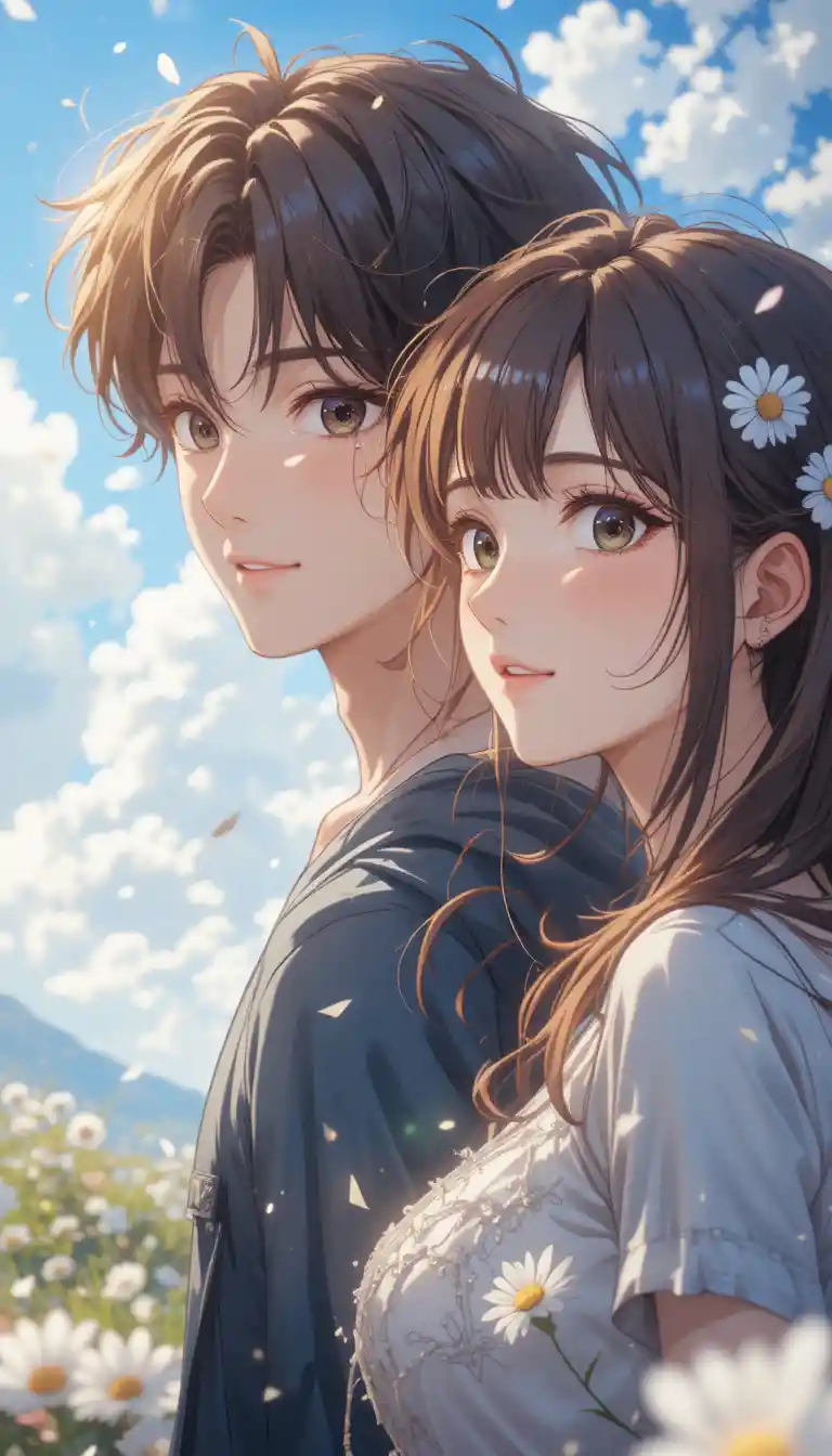 Romantic anime couple close up under a bright summer sky
