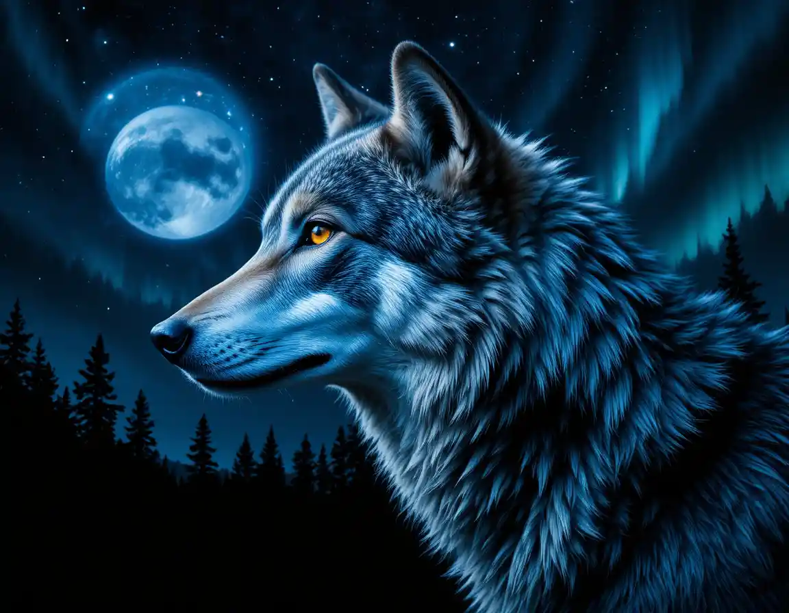 Cabeça de lobo em perfil sob um céu noturno cósmico