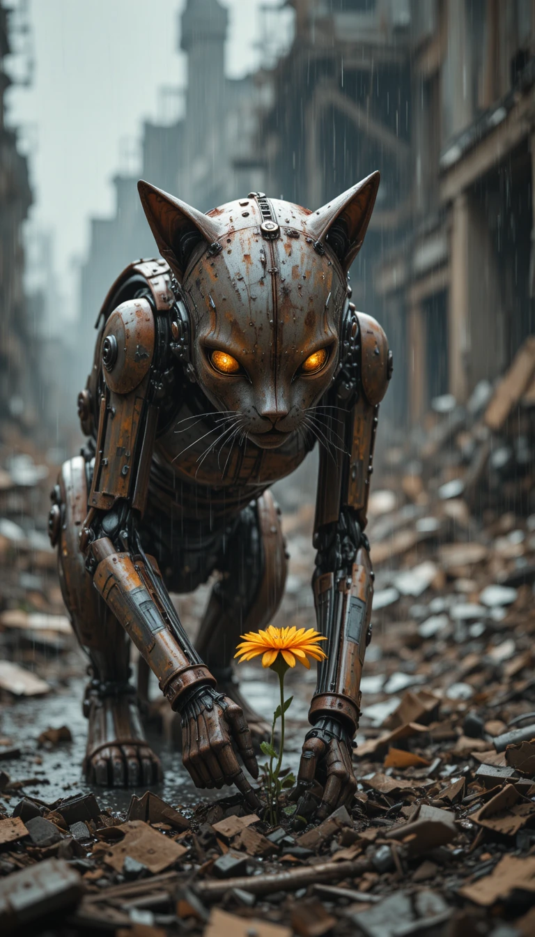 포스트 아포칼립스 고양이 로봇이 외로운 노란 꽃을 바라보는 장면