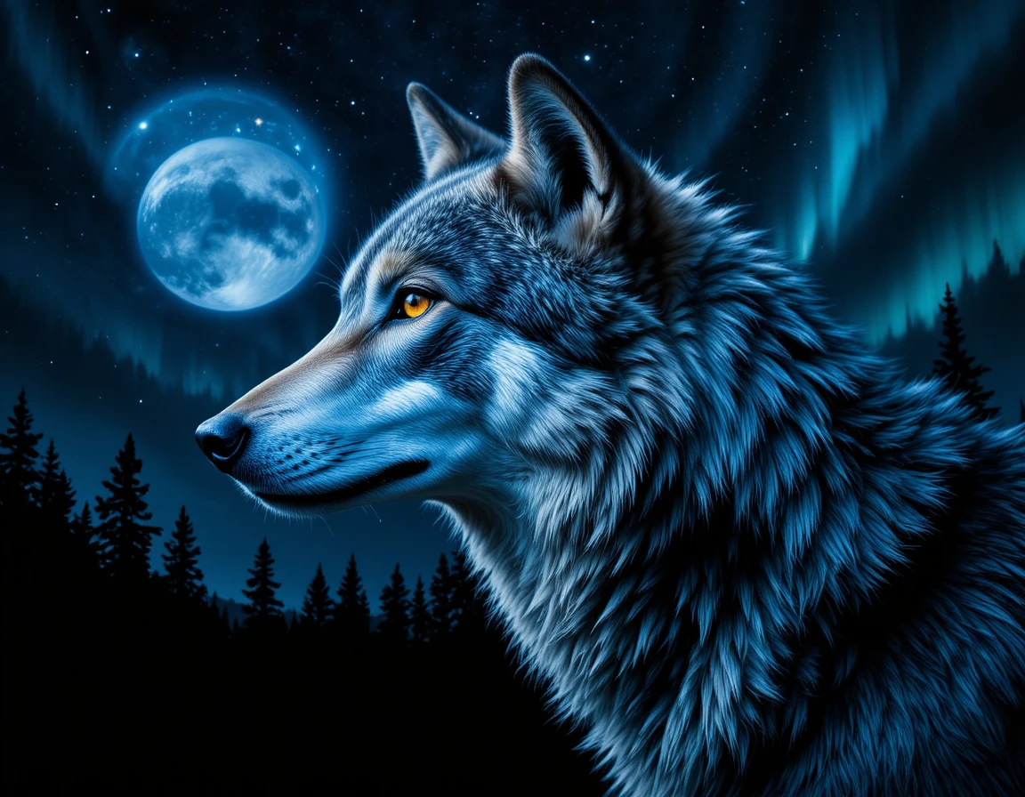 Cabeça de lobo em perfil sob um céu noturno cósmico