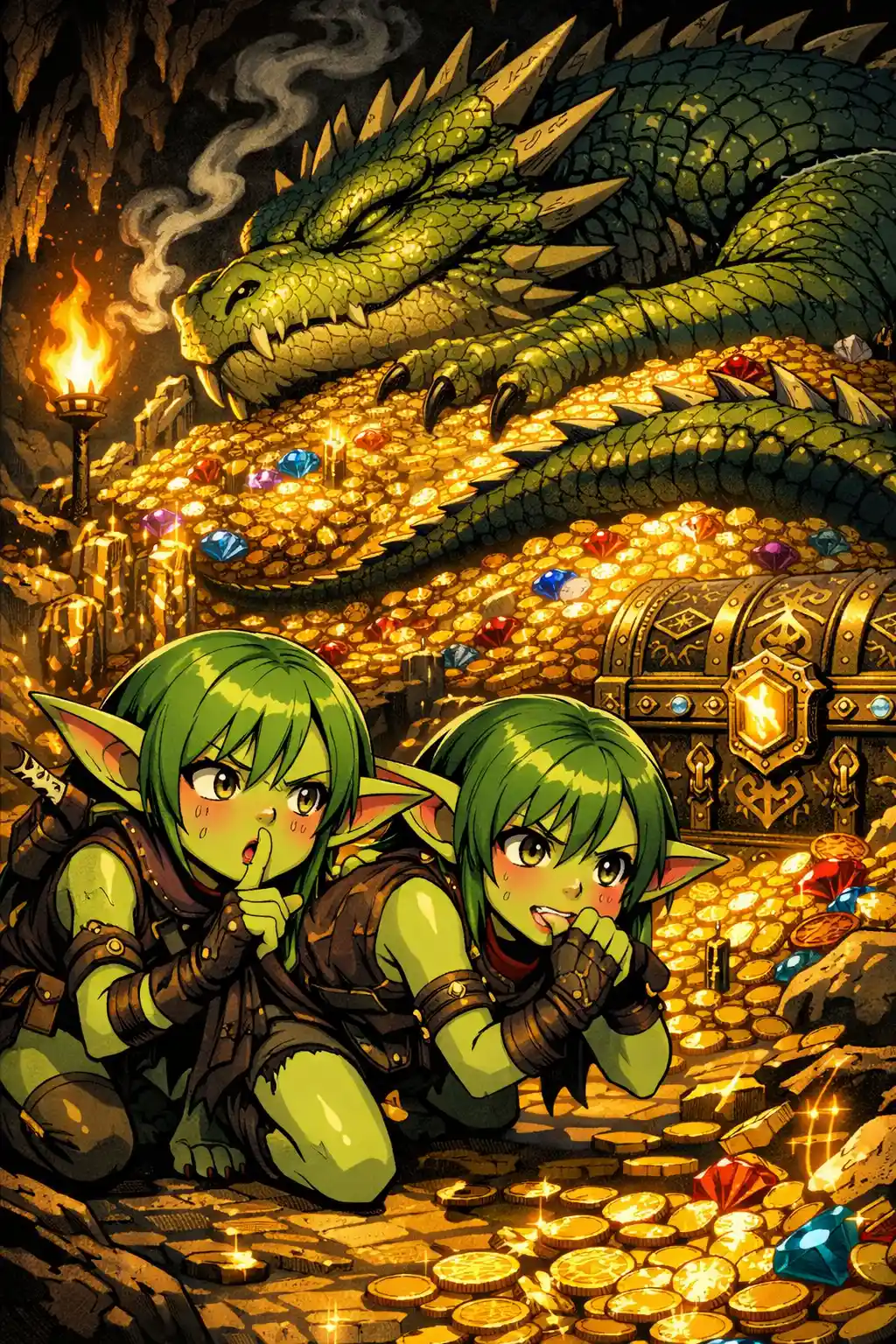 Gêmeas ladras goblins espreitando pelo covil do tesouro de um dragão