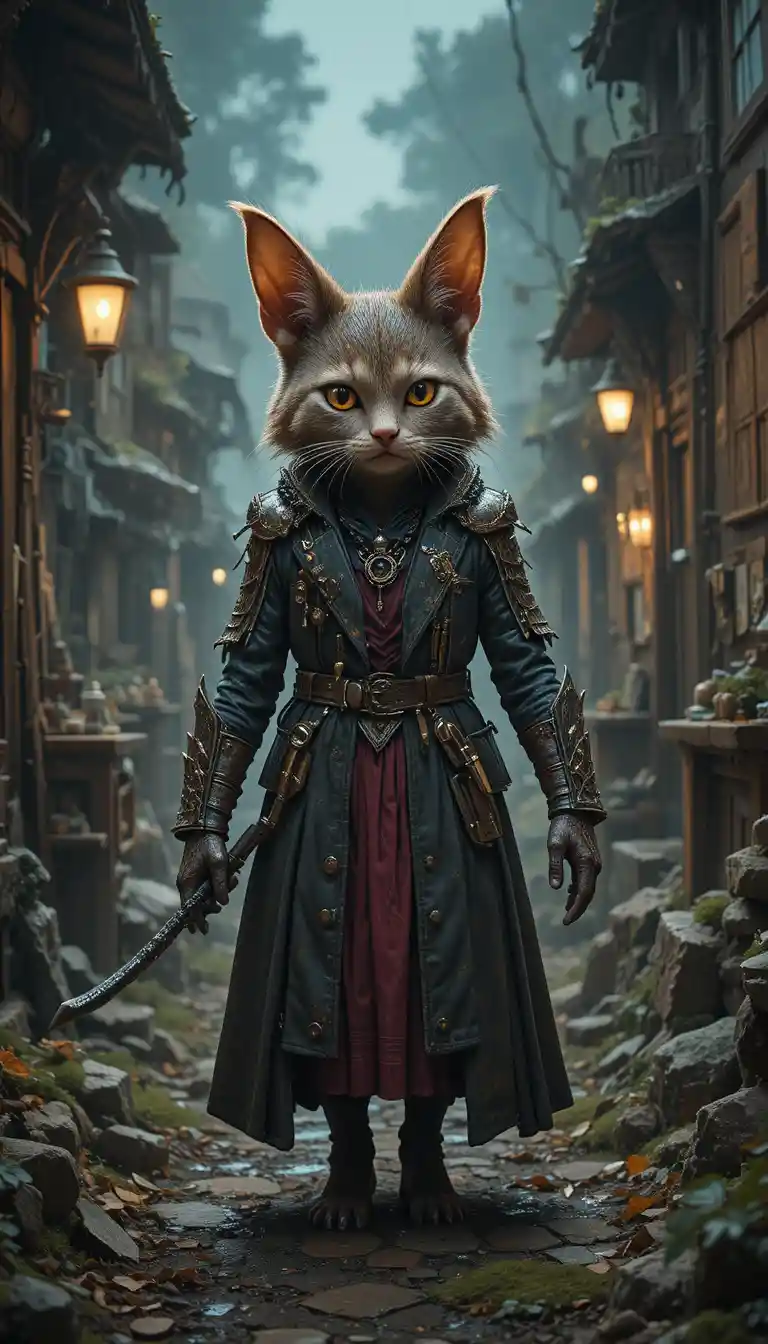 Chat robot solitaire dans une ruelle cyberpunk néon