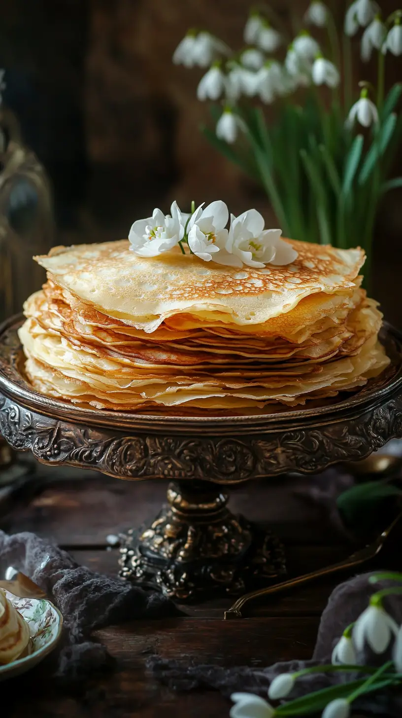 Pilha de panquecas russas tradicionais em uma mesa ornamentada de Maslenitsa