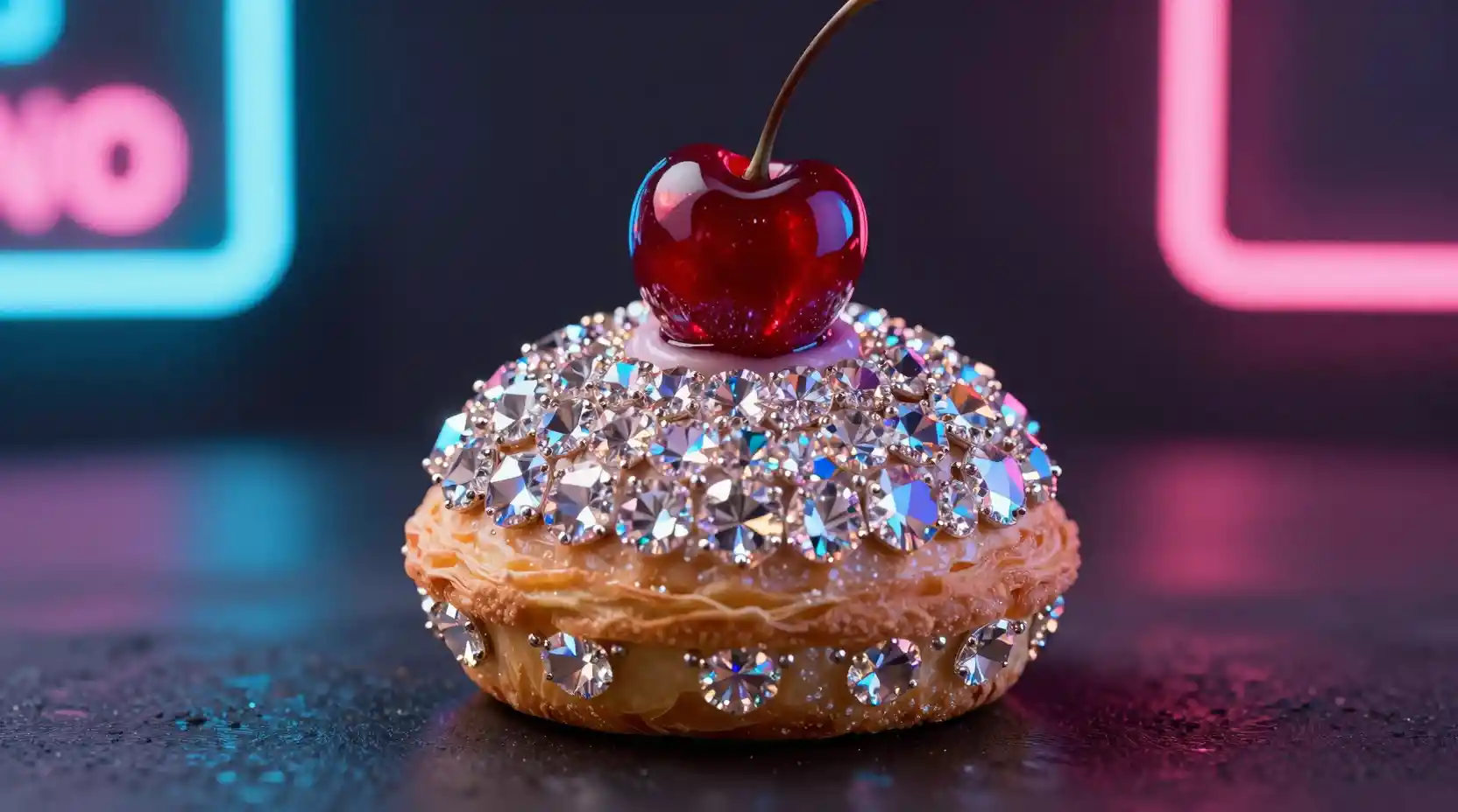 Gemlike dessert with diamond crust and ruby cherry