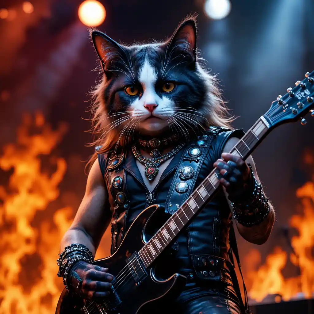 Heavy metal cat guitarist on fiery rock stage