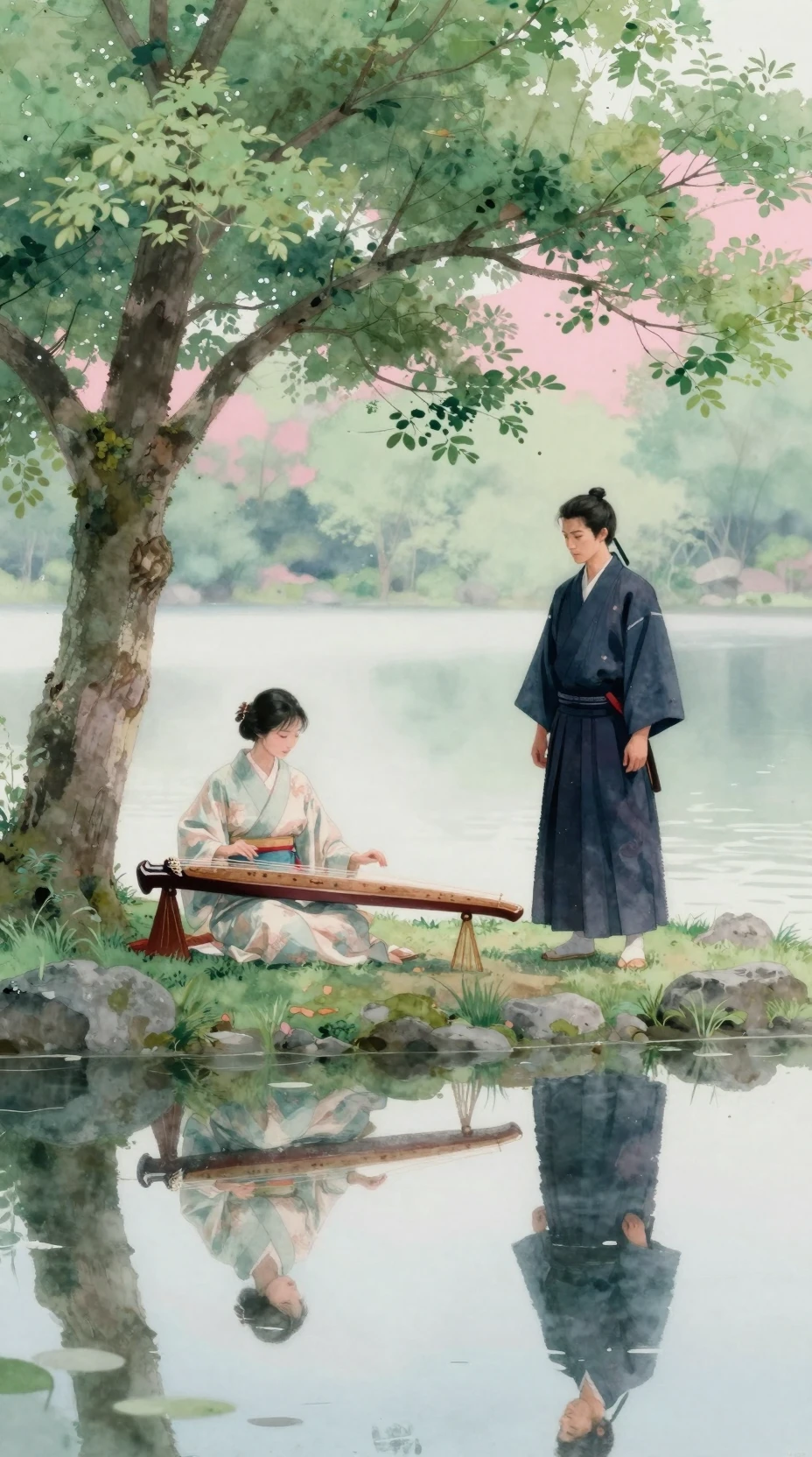 Samurái y Músico de Koto Bajo un Árbol Junto al Lago en Silencio