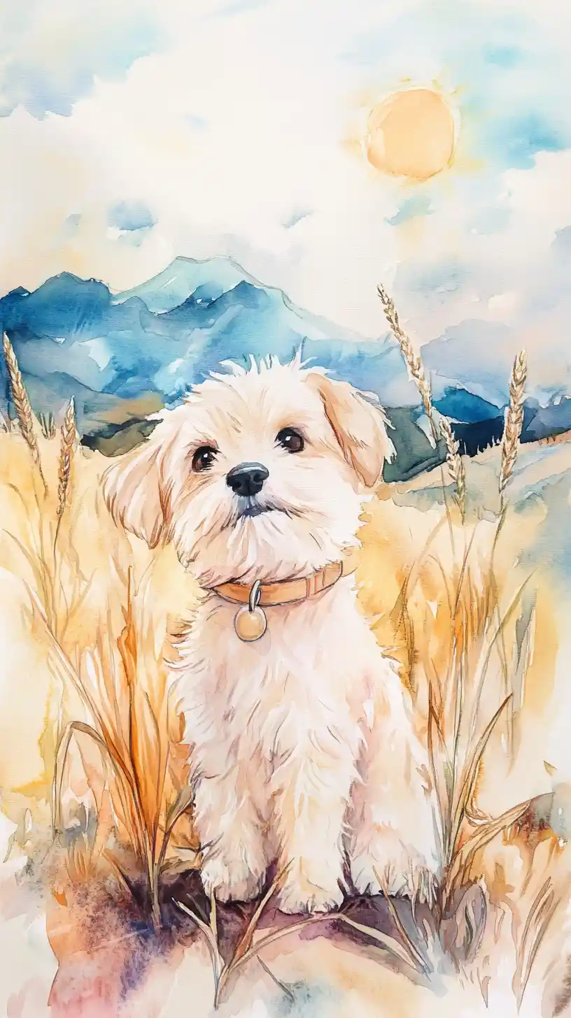 Fluffy puppy in a sunny cornfield watercolor illustration