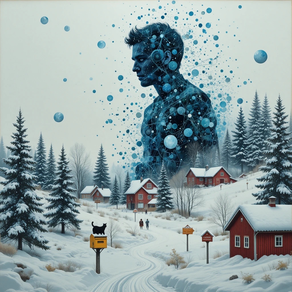 Paysage hivernal suédois surréaliste avec silhouette jeune se dissolvant