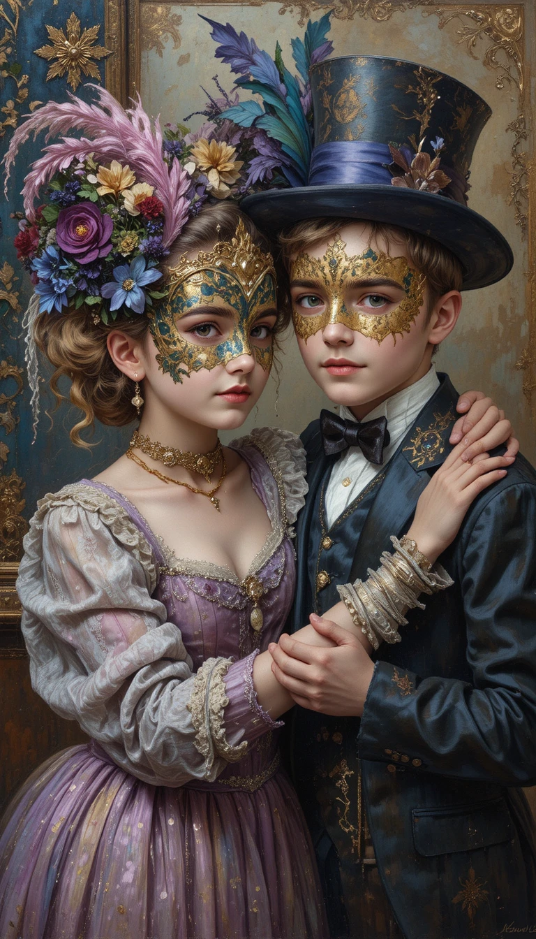 Peinture à l’huile de deux enfants jouant à un jeu de mascarade