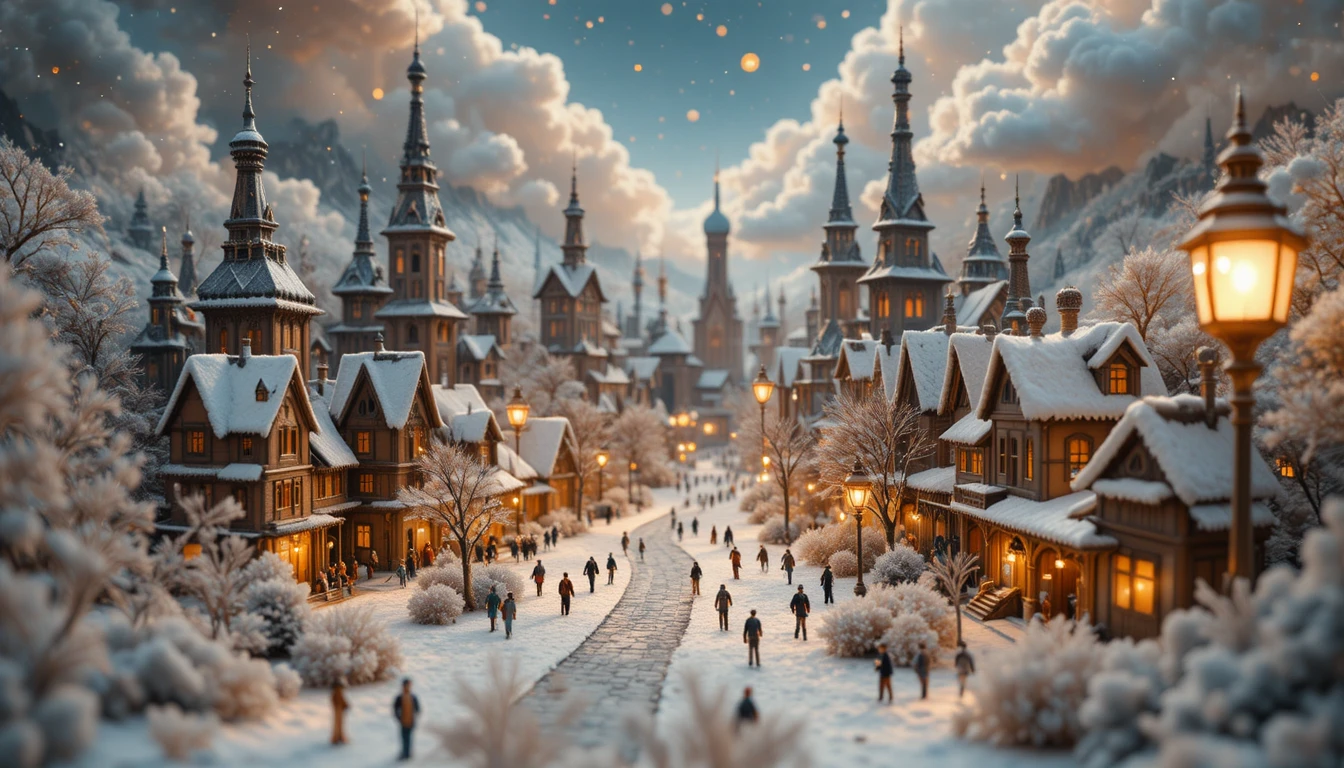 Miniature Winter City Under A Warm Antique Desk Lamp