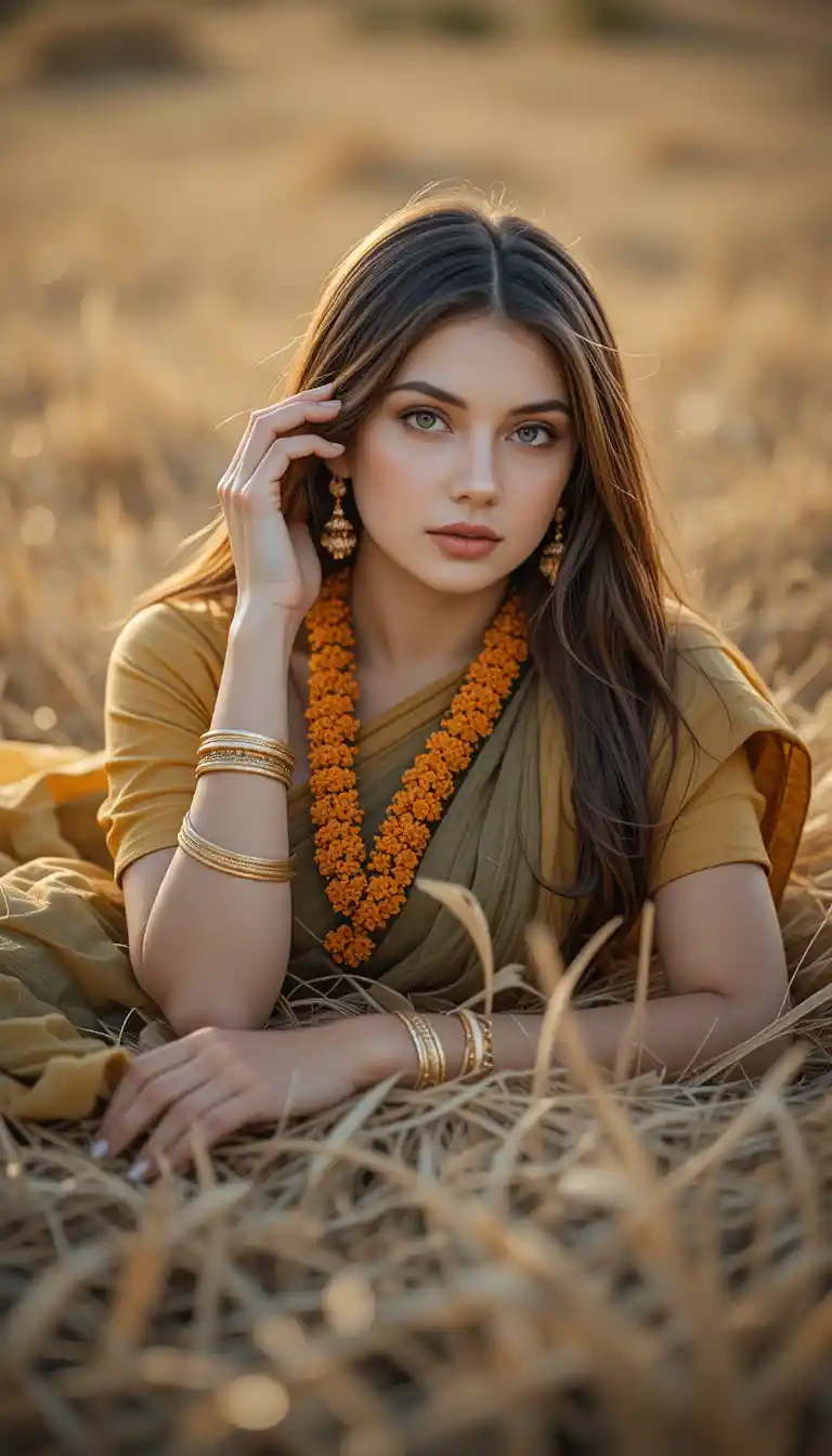 South Indian woman lying on dry grass at golden hour