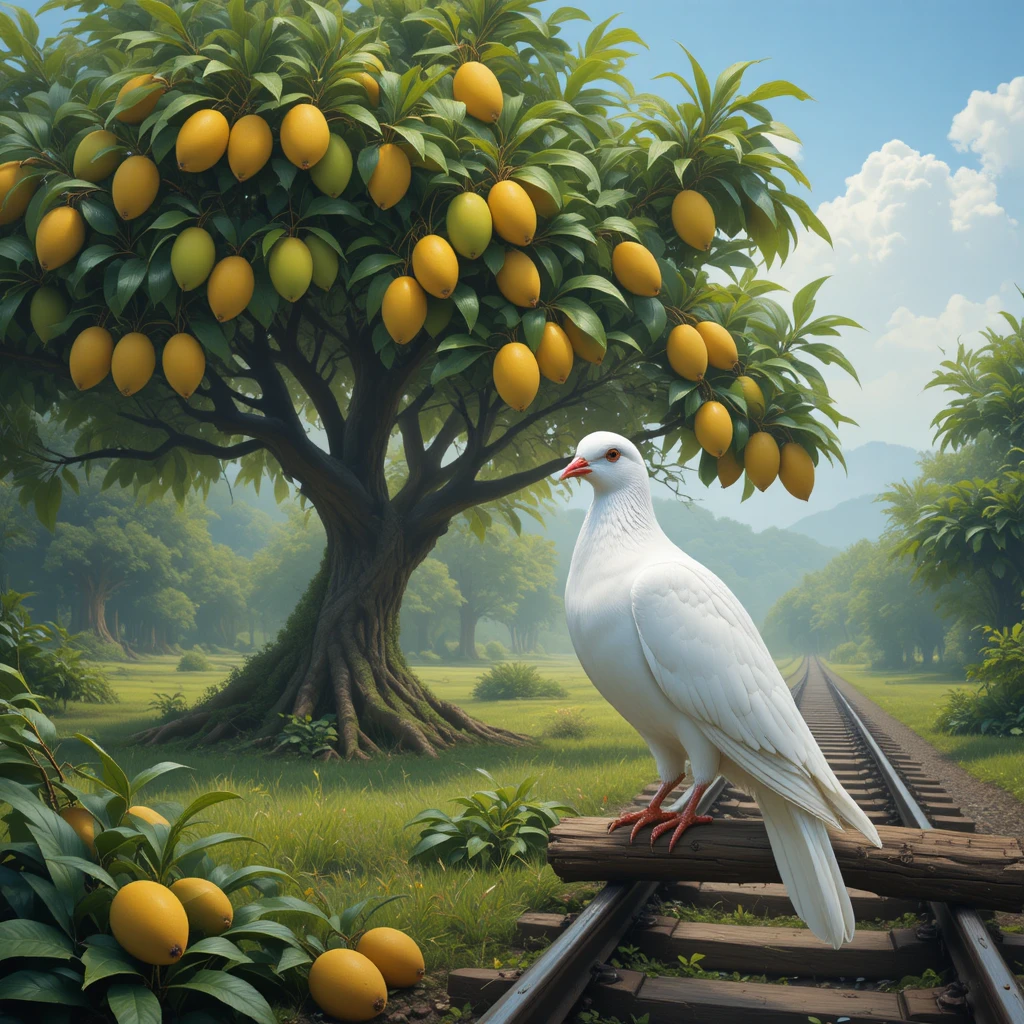 Weiße Taube am Bahngleis neben üppigem Mangobaum