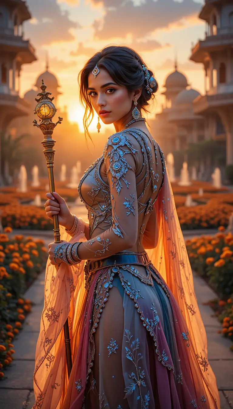 Elegante indische Frau mit Zepter im Palastgarten bei Sonnenuntergang