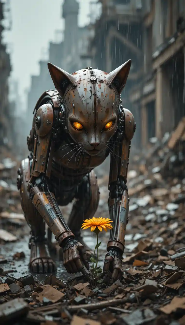 Chat robot post-apocalyptique observant une seule fleur jaune